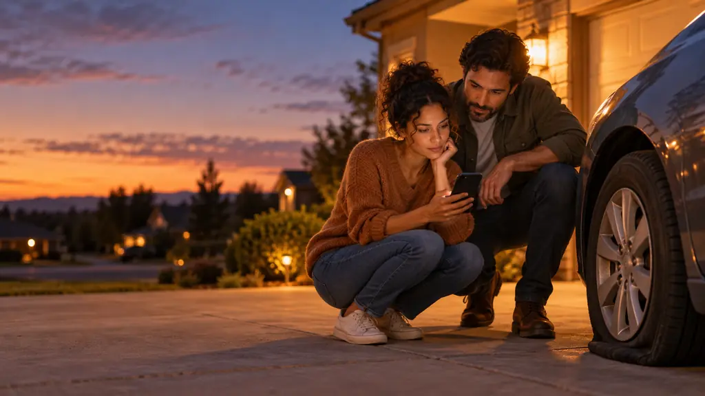 Couple crouching by a car with a flat tire in their driveway, checking a repair quote on a phone