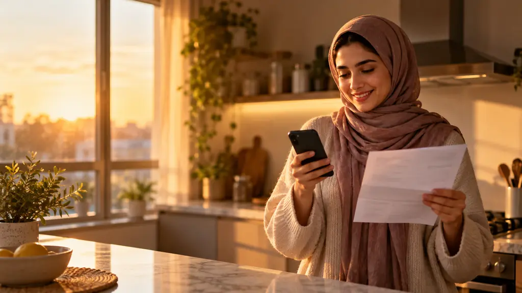 Woman in her kitchen holding a utility bill and her phone at sunset