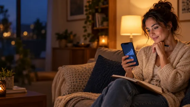 Woman checking her finances on her phone on a couch in the evening