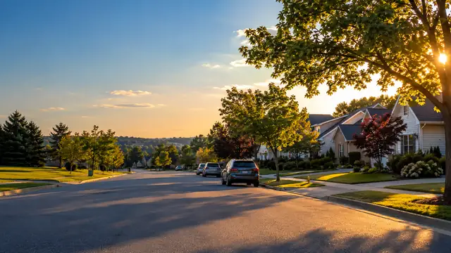 Quiet suburban street lined with houses and trees at sunset